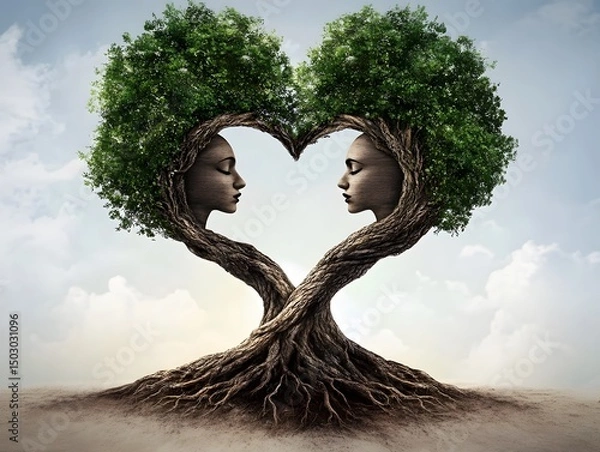Fototapeta A surreal image of a tree-shaped heart formed by two figures, symbolising unity and love
