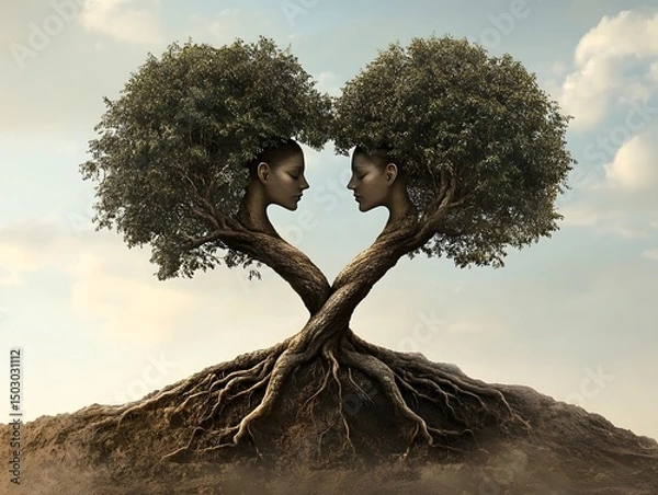 Fototapeta a symbolic representation of love and unity, featuring two trees merging to form a heart shape with human faces intertwined within the foliage