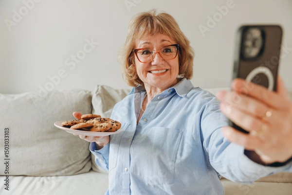 Obraz Senior woman taking selfie while showing plate of chocolate chip cookies