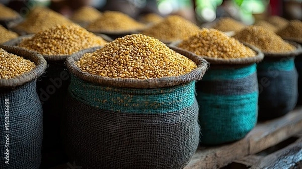 Fototapeta Wheat sacks with market stall, and Africa.