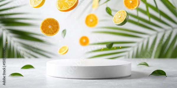 Obraz Minimal white podium with floating citrus fruits and green leaves, tropical summer vibe, fresh and vibrant scene