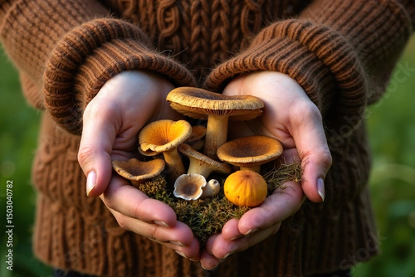 Obraz A person wearing a brown knitted sweater holds a handful of mushrooms in cupped hands, with moss and greenery visible.