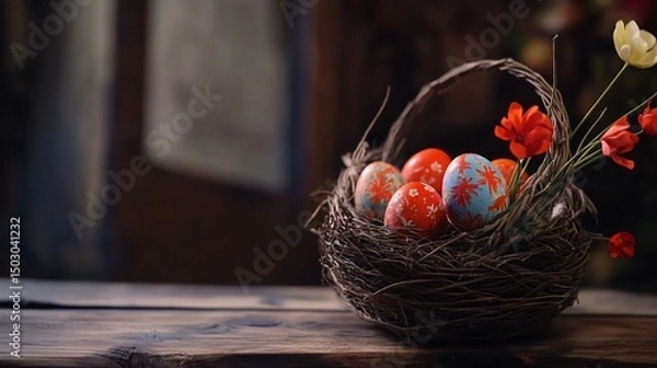 Fototapeta Rustic Easter Eggs in a Twig Nest with Blossoms
