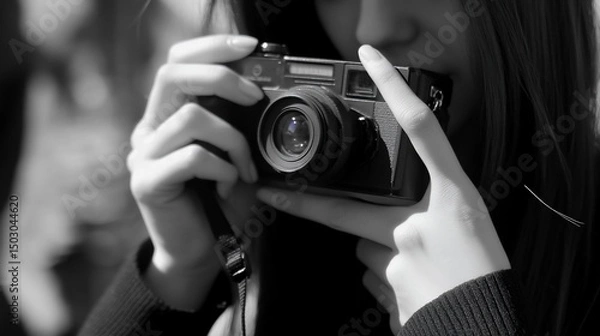 Fototapeta Monochromatic Photography: A Young Woman's Focused Gaze Through a Vintage Camera Lens