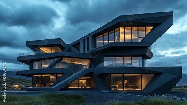 Fototapeta A bold, angular apartment complex with dramatic cantilevered balconies, large floor-to- ceiling windows, and a matte charcoal exterior, framed by a dark blue background 