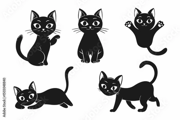 Fototapeta Black Cat Silhouette Illustration Set – Cute Cartoon Feline Graphics for Design Projects
