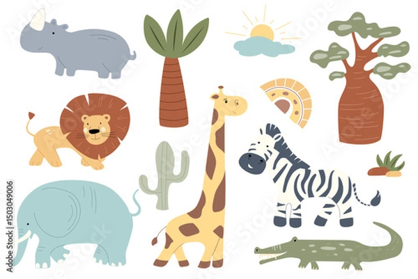 Fototapeta  Lively set with friendly African animals like lions, elephants, and giraffes, combined with vibrant plants and a sunny sky, perfect for a nursery or playroom safari theme.