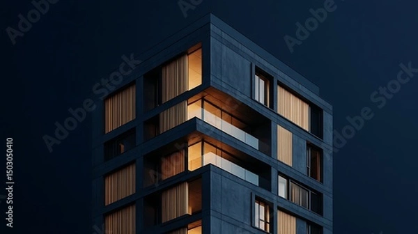 Fototapeta A compact, angular apartment building with dark concrete and minimalistic wooden elements, illuminated by soft lighting, placed on a solid deep navy background