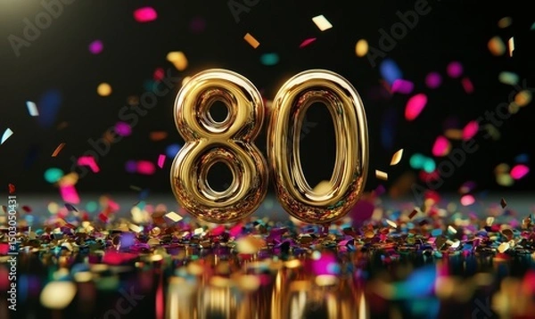 Obraz Bright Golden 80 Balloon on Colorful Confetti Background for Celebration