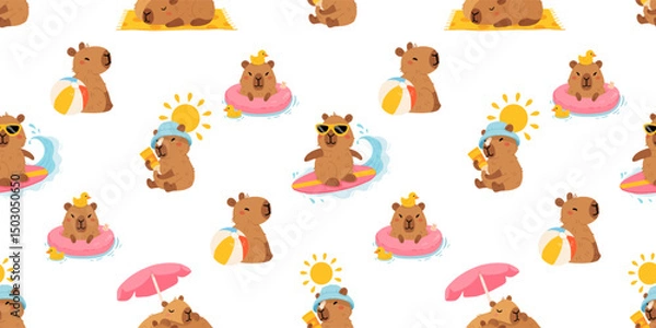 Fototapeta Seamless pattern with cute summer capybaras in various poses and items. Hand drawn cartoon flat style. Vacation seasonal template for design, kids collection