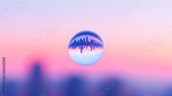 Fototapeta Creative Cityscape Reflections Inside Glass Water Droplets on Gradient Background
