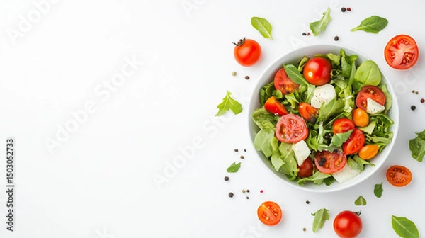 Fototapeta Healthy fresh vegetable salad in bowl on white background top view
