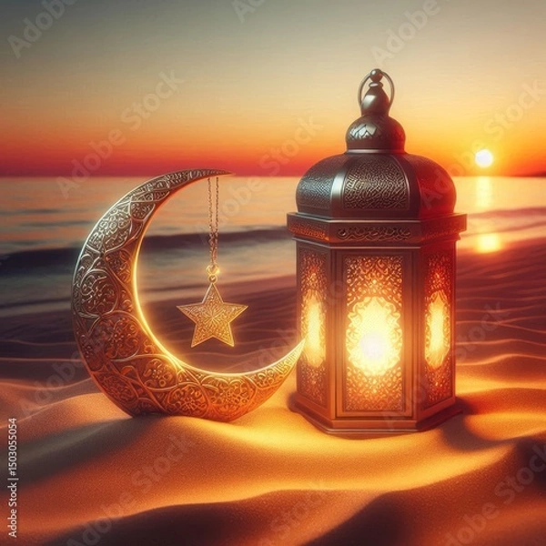 Obraz Islamic Lantern and Crescent Moon with Star on Sand at Sunset – Ramadan or Eid