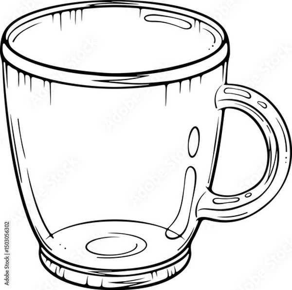 Fototapeta Empty transparent glass cup with a handle. Vector illustration in hand drawn sketch style. Line art isolated on white for coloring book, print