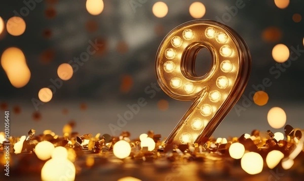 Obraz Illuminated Number Nine with Sparkling Lights and Festive Atmosphere