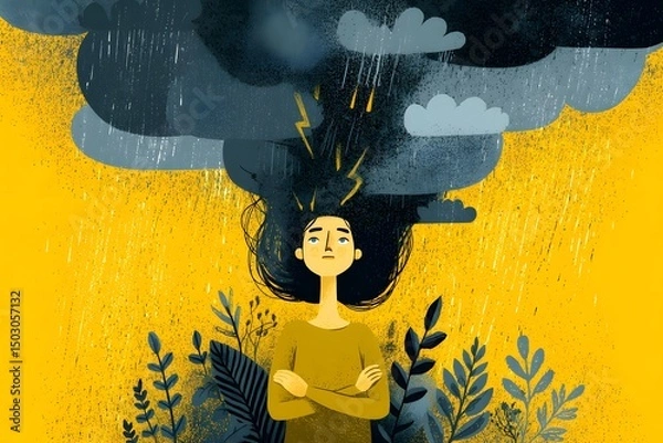 Fototapeta A woman with a storm cloud above her head, an illustration representing anxiety. The illustration depicts a woman surrounded by plants, her head shadowed by a dark cloud with lightning