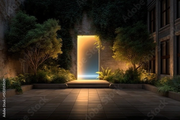 Fototapeta Glowing doorway doorway symbolism with surreal glowing doorway symbolism in ambient space for emotional visual storytelling.	