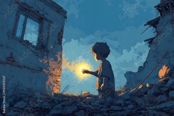 Fototapeta A child holding a glowing orb in a post-apocalyptic setting. The scene evokes themes of hope and resilience. 