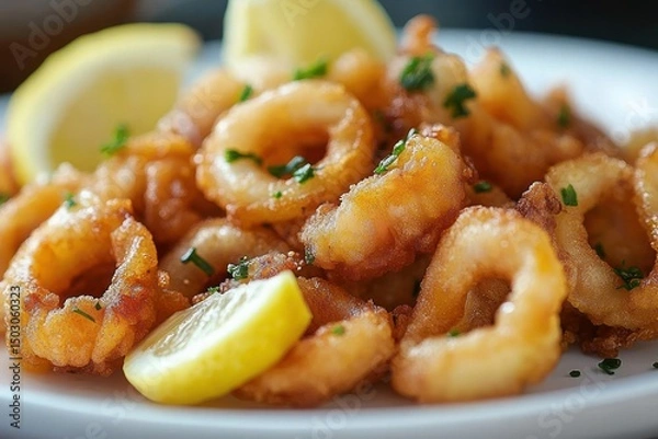 Fototapeta Close-up of golden fried calamari rings garnished with chopped herbs served with lemon wedges on white plate