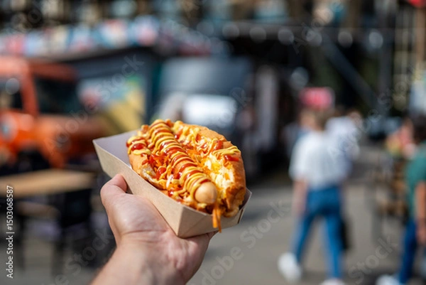 Fototapeta A hand holds a freshly prepared hot dog topped with ketchup, mustard, and shredded cheese in a cardboard tray. The blurred background features a lively outdoor food market.