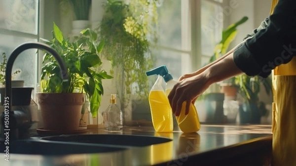 Obraz Sunlight Dappled Kitchen Cleaning with Yellow Detergent