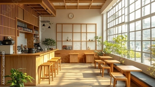 Fototapeta Inviting interior of a modern cafe with natural light and minimalist design