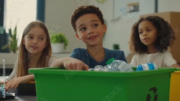 Fototapeta Diverse group of children sorting plastic bottles for recycling initiatives
