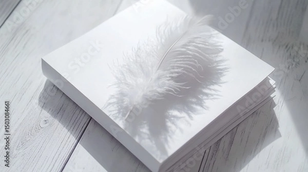 Fototapeta White Feather on Stack of Blank Paper Minimalist Still Life
