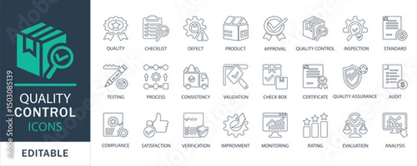 Fototapeta Quality control line icons set. for product inspection, testing, rating, checklist, and process analysis. Perfect for business, and production design.