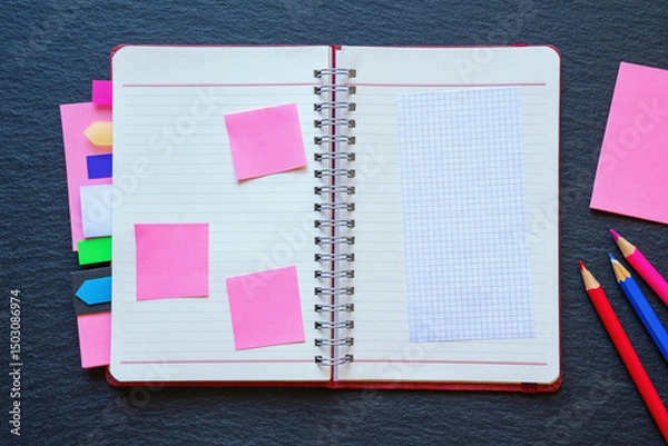 Fototapeta Open spiral bound notebook with blank pages, notes and colorful bookmarks. Colored pencils on black background. Copy space