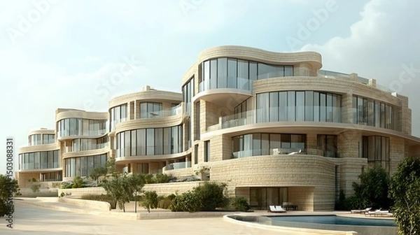 Fototapeta A luxury apartment complex with a combination of stone and glass, curving architecture, and ample natural light, set against a soft sand-colored backdrop