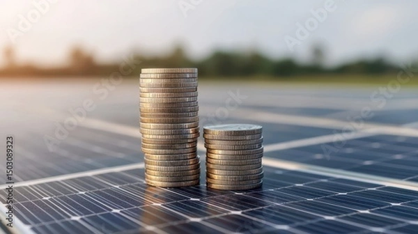 Fototapeta Stacks of coins sit on solar panels, symbolizing financial investment in renewable energy.