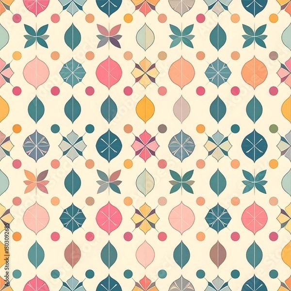 Fototapeta Colorful Seamless Pattern with Geometric Shapes and Abstract Leaves on a Light Background