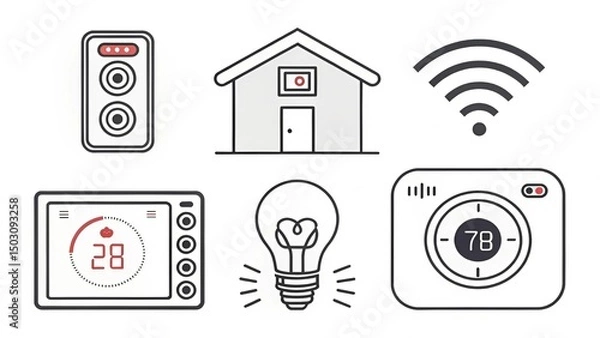 Obraz Minimalist icon set for smart home technology: thermostat, lights, camera, speaker