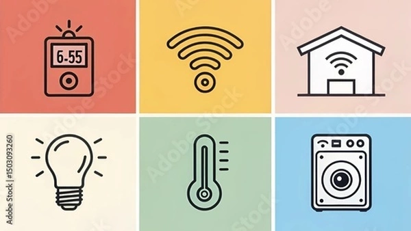Fototapeta Minimalist icon set for smart home technology: thermostat, lights, camera, speaker