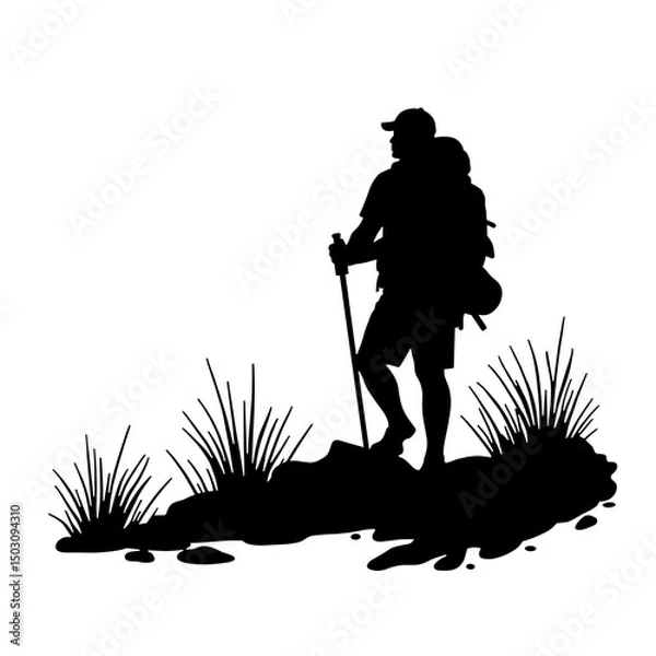 Obraz Black silhouette hiker with backpack on white – digital-detox nature adventure