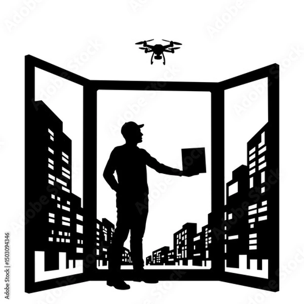 Obraz Silhouette person receiving drone package through smart window – black futuristic-delivery graphic