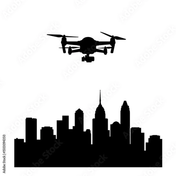 Obraz Drone silhouette flying over urban skyline – black smart-city technology icon