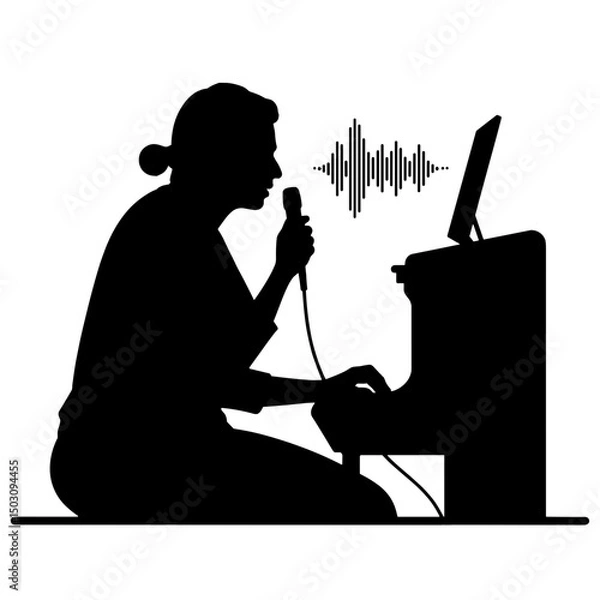 Obraz Silhouette person using voice command at monitor & keyboard ‒ black AI interface icon