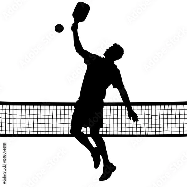 Obraz Pickleball player silhouette over net – black-and-white sports graphic