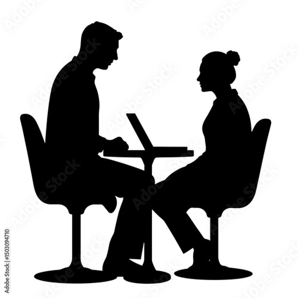 Obraz Two people discussing at desk with laptop – black silhouette office meeting