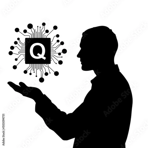 Obraz Silhouette person holding quantum chip ‒ black technology-innovation graphic