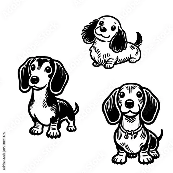 Fototapeta 線画で描いたダックスフントのイラスト素材セット