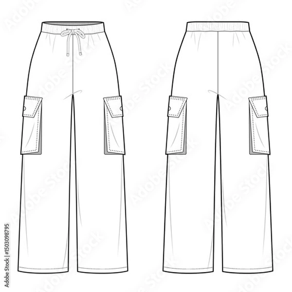 Fototapeta Elastic Waist Cargo Pants Straight Cut- Fashion Vector Illustration- Front and Back View- Cad Mock-up 