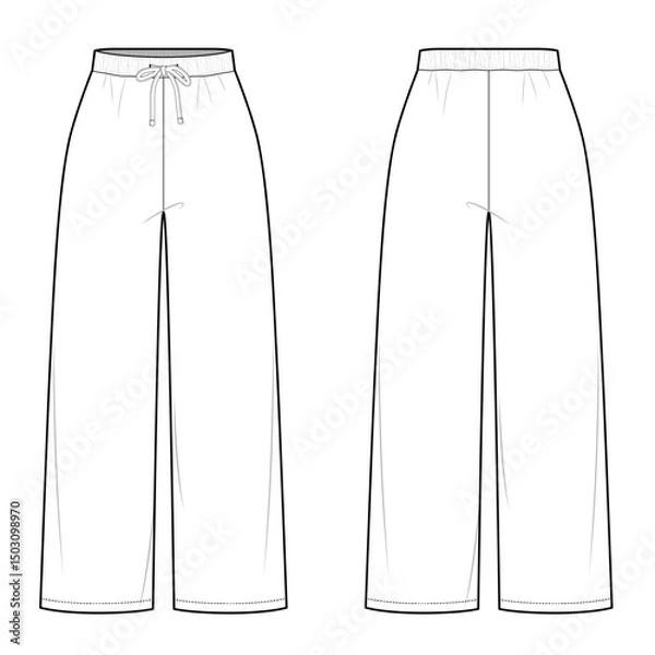 Fototapeta Straight Cut Elastic Waist Pants with Drawstring- Front and Back View- Fashion Vector Illustration-CAD Mock-up 