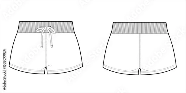 Fototapeta Women's Elastic Waist Shorts With Drawstring- Front and Back View- Flat Vector Illustration- CAD Mock-up 