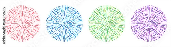 Fototapeta Circle salute firework splash burst round radial colorful backgrounds patterns set. Lines, tiny dashes, doodle multiple stripes dots shape. Abstract graphic design element frame border label template