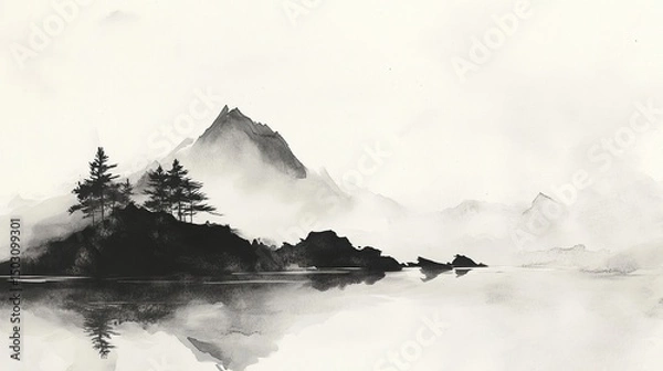 Obraz A Japanese ink wash with minimalist watercolor aesthetics.