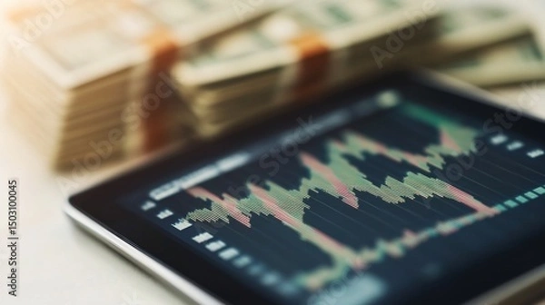Fototapeta Financial Market Data Displayed on Tablet with Cash in Background
