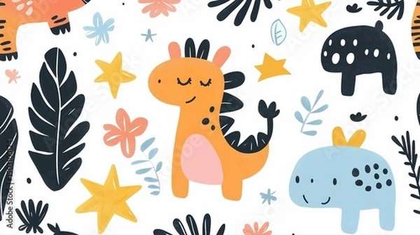 Obraz Adorable Cartoon Dinosaur and Animal Friends Seamless Pattern